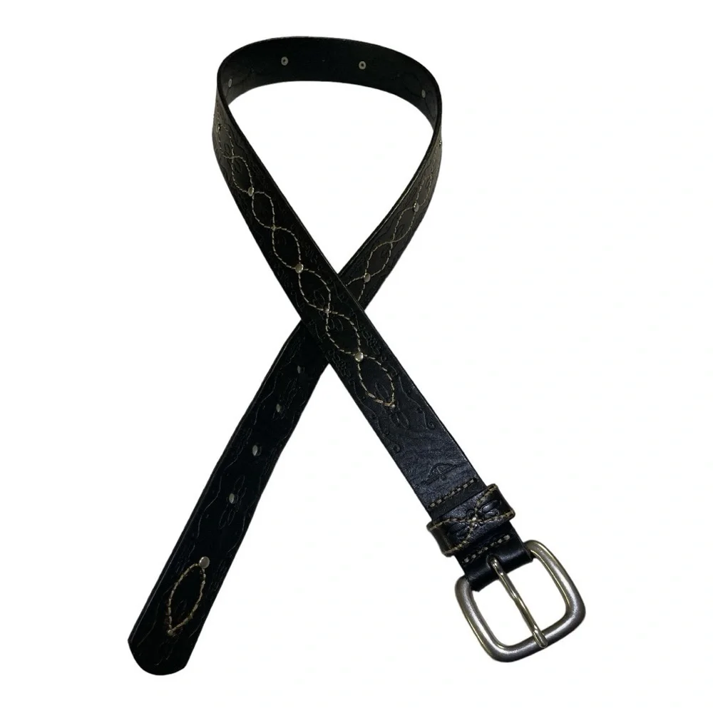 Dockers Tooled Floral Studded Black Leather Belt with adjustable buckle